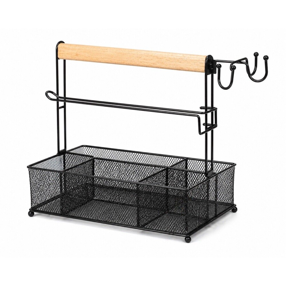 Kitchen Counter Organizer Caddy Metal Mesh Bamboo Handle Paper Towel Holder